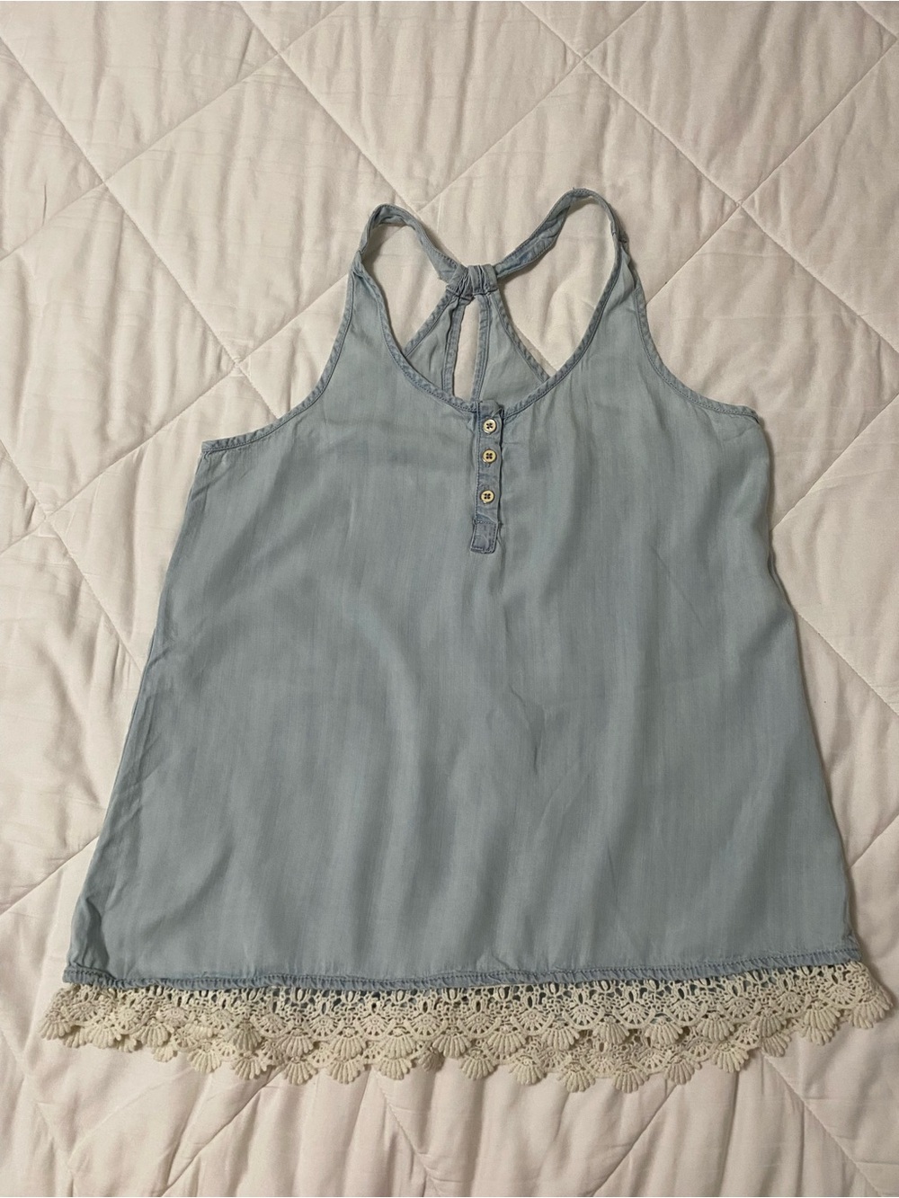Maurices Pale Blue Racerback Camisole with Cream Crochet Trim M
